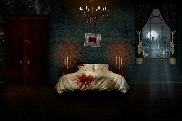 A bloody bed in a Halloween house