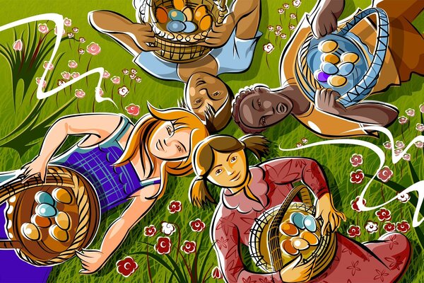 Ilustración de amigos con huevos de Pascua