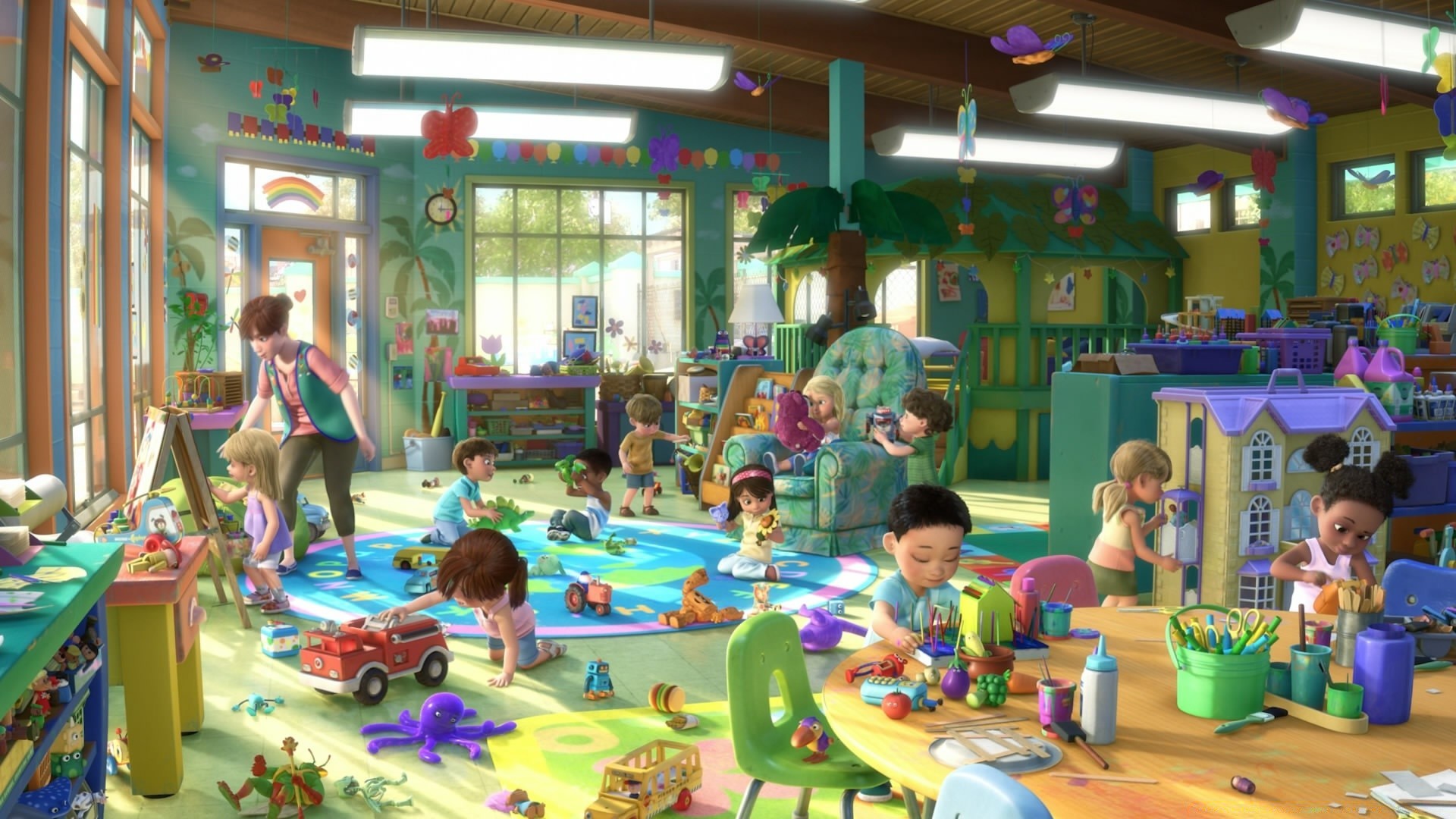 toy story child education school classroom indoors teacher exhibition group kindergarten elementary table class preschool toy room fun elementary school