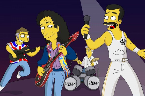 Musicians on stage in the style of the Simpsons