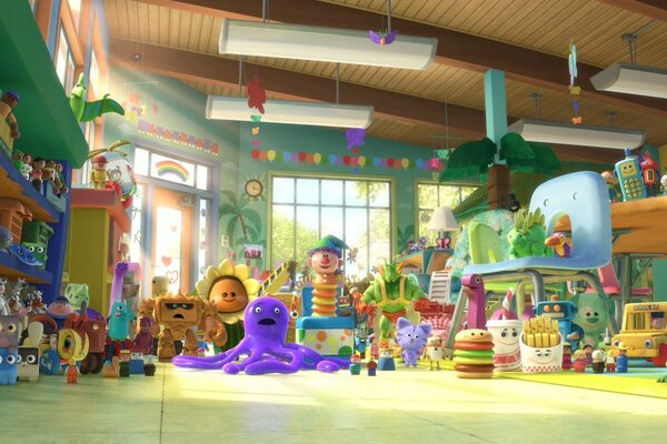 Imagen de la caricatura toy story 3 con diferentes juguetes en la habitación