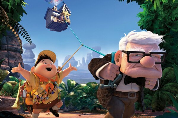 A picture from the cartoon up with a grandfather dragging a house on a leash