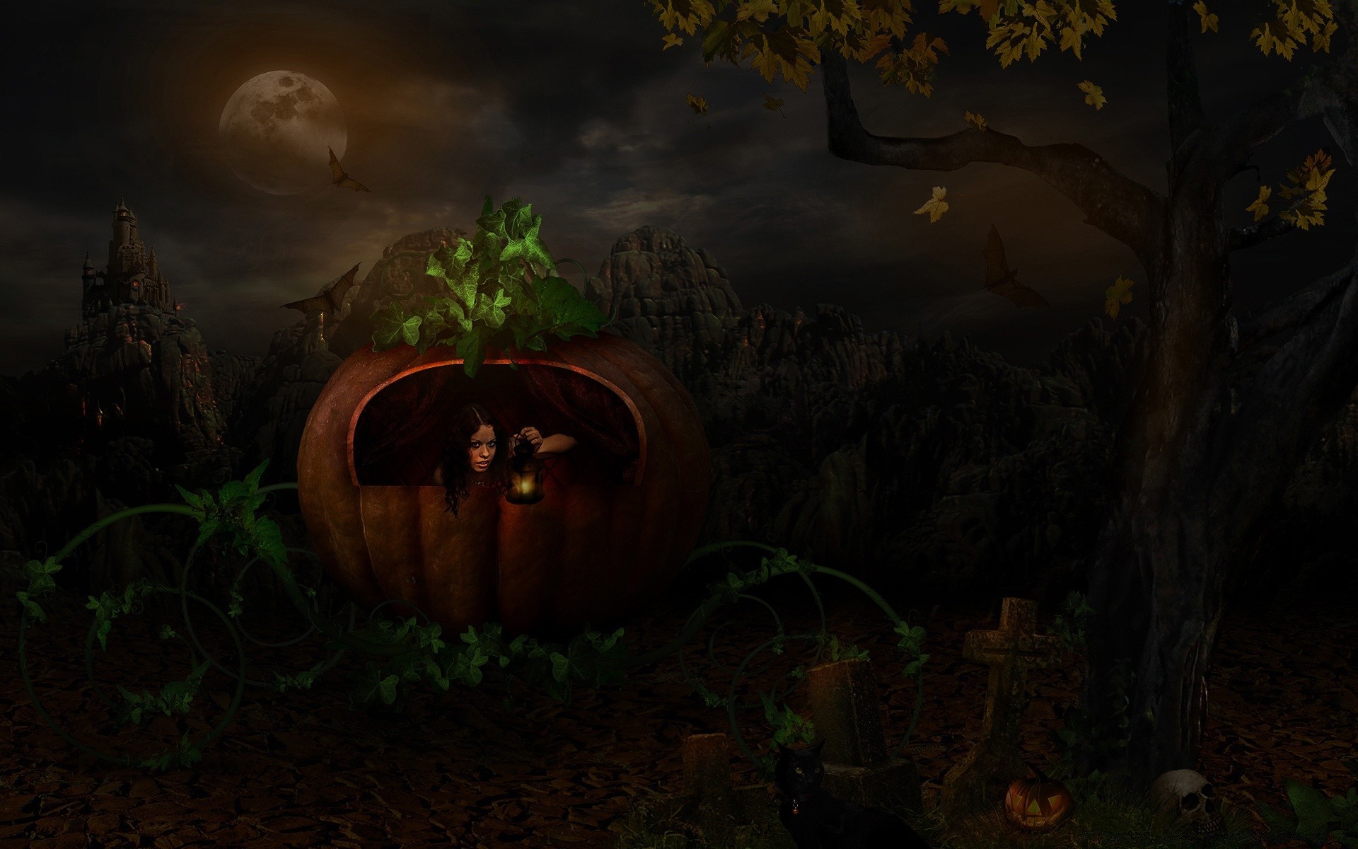 halloween fall tree wood eerie light leaf scary pumpkin