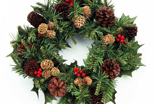 Festive Christmas wreath with cones