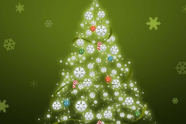 New Year s mood. Christmas tree made of snowflakes on a green background