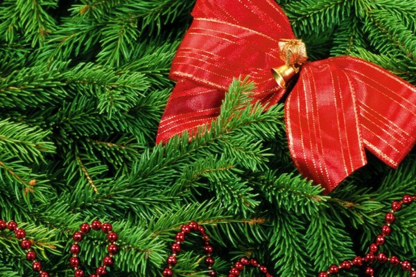 圣诞冷杉树枝与红色蝴蝶结