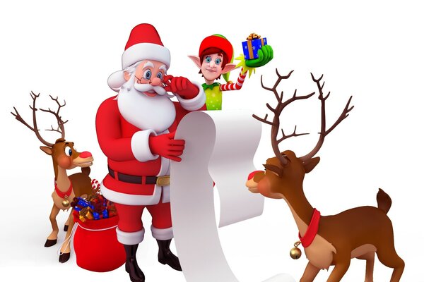 Babbo Natale con renne e assistente raccogliere regali