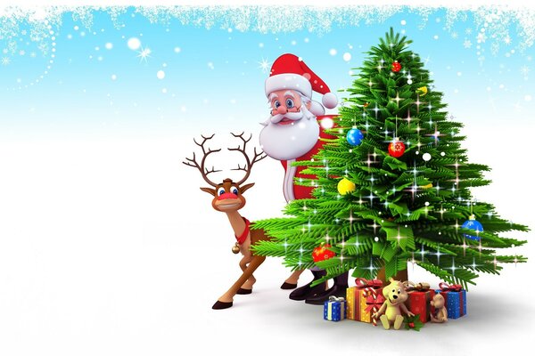 Santa and reindeer with gifts near the Christmas tree