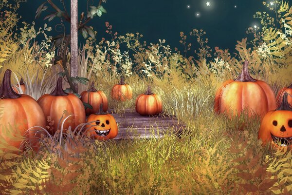 Calabazas satisfechas en el campo en la Fiesta de Halloween