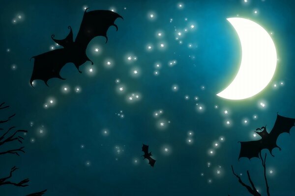 Monat. Sternenhimmel. Fledermaus. Die Nacht. Halloween