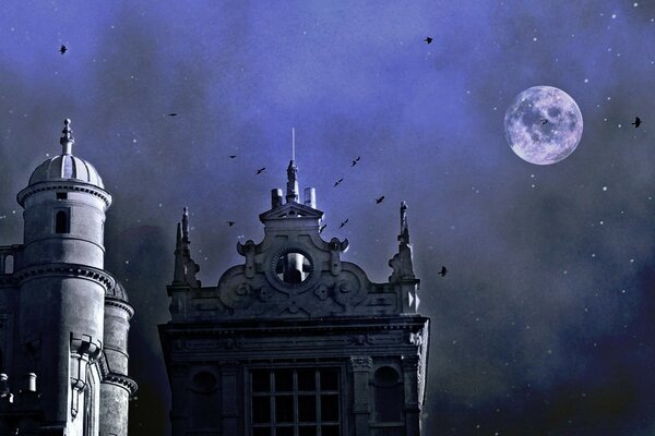 Stylized landscape medieval castle monastery on the background of the night sky and the moon