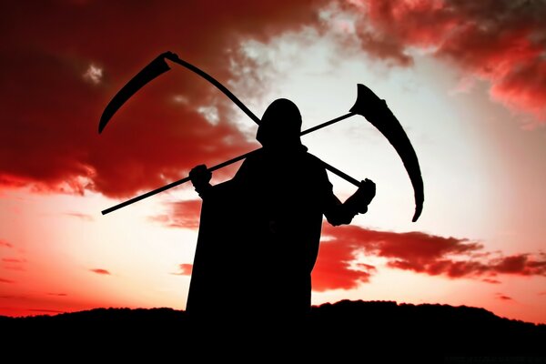 At sunset, death with a scythe