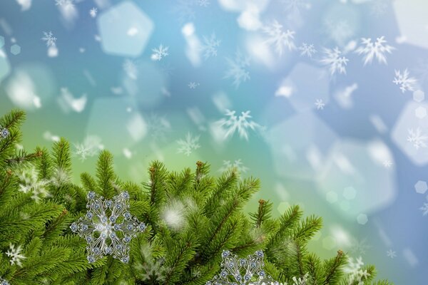 Flocons de neige du nouvel an avec boïki et épinette