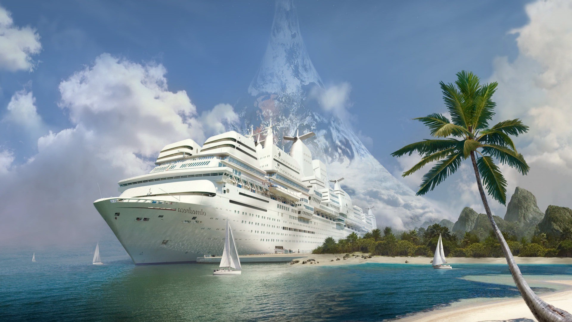 large ships and liners travel water ocean summer tropical sea sky vacation seashore beach island tourism exotic leisure