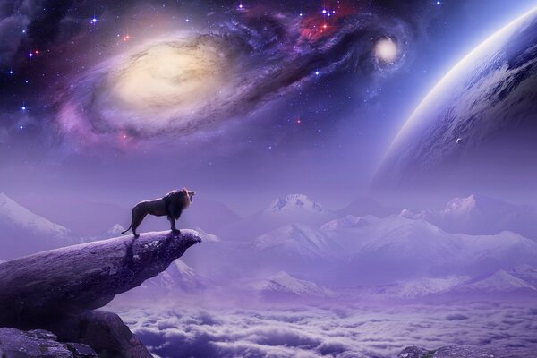 A magical animal howls at the moon in the sky