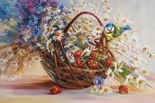 Basket with wildflowers and sparrow