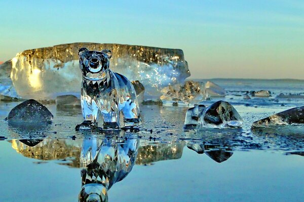 Oso de cristal en un lago cubierto de hielo