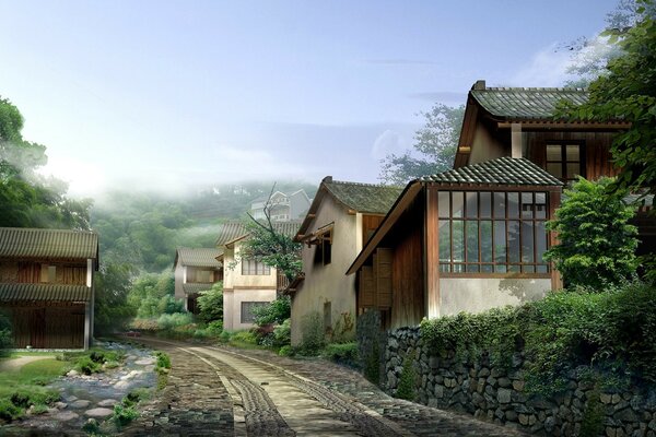 Houses made of wood in the fog