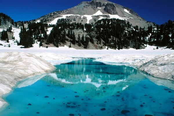 Lac au pied d une montagne enneigée