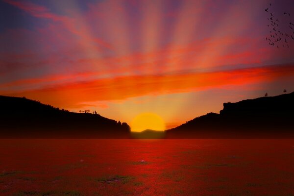 Roter Sonnenuntergang am Meer. Die Meereslandschaft ist schlafend