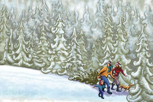 Dibujo de una familia con un perro en el bosque de invierno