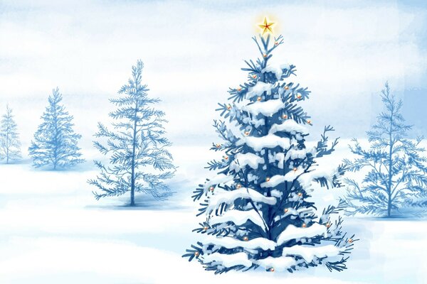Estrella en un árbol de Navidad cubierto de nieve en el bosque