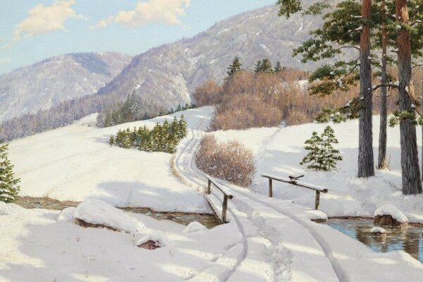 Winter road, bridge over a stream