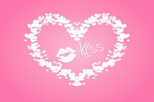 Postcard in pink with a heart, inscription and lips for Valentine s Day