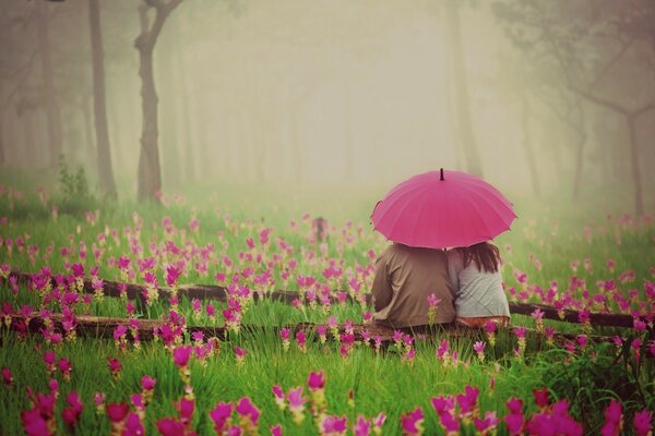 Amantes bajo un paraguas rosa en el campo