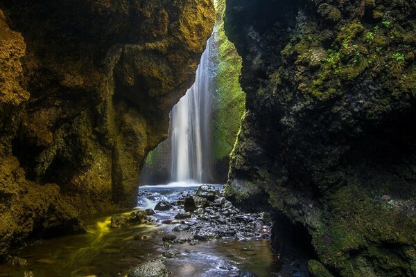 Immagine di una cascata nelle rocce verdi