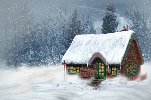 Casa de año nuevo en el bosque de invierno