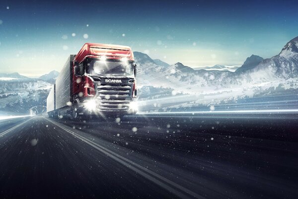 Camion en mouvement sur la route d hiver