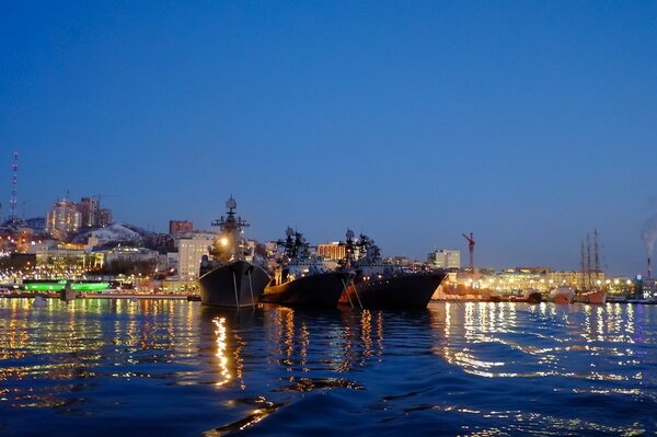 Ships swing on the water in the sea harbor