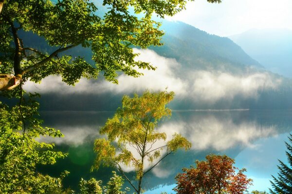 A cloud from over a clear lake