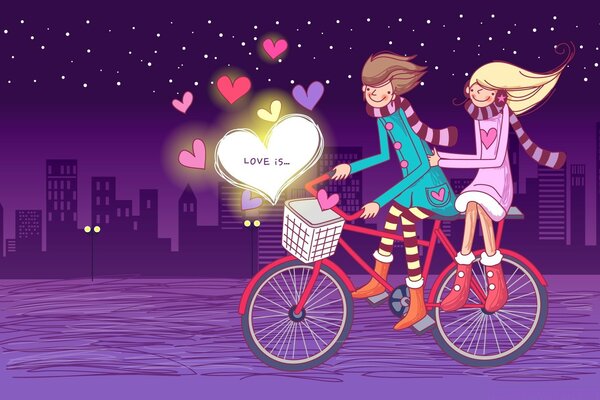 Drawing lovers riding a bicycle evening city