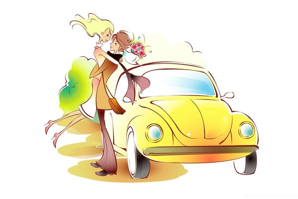 Drawing of a yellow car and lovers