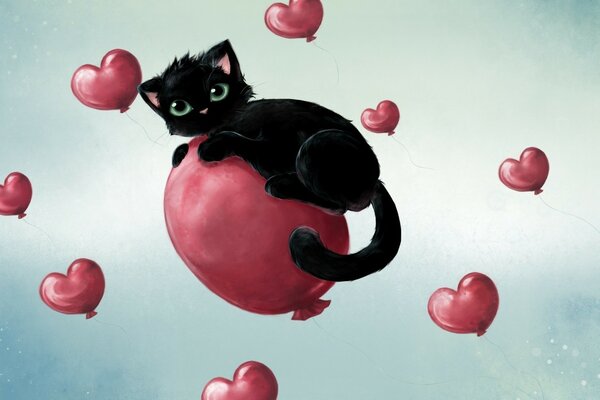 A kitten on a balloon surrounded by hearts