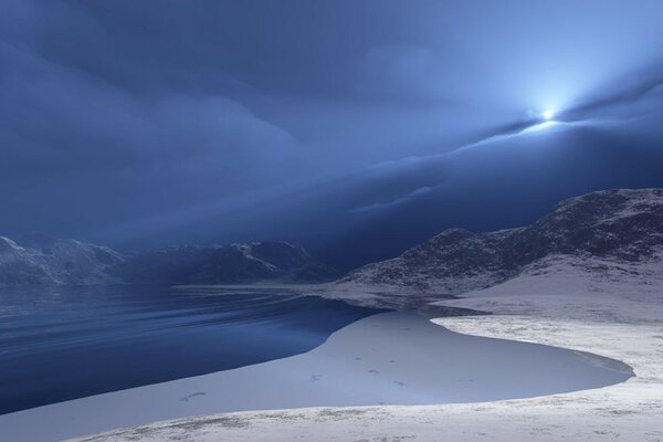 Snow-capped mountains in the twilight light