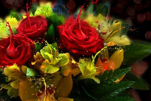 Ramo de rosas rojas y orquídeas amarillas sobre un fondo oscuro