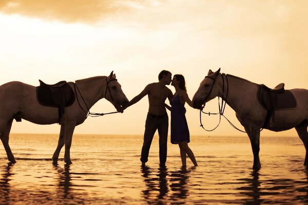 Equestrian romantic walk on the water