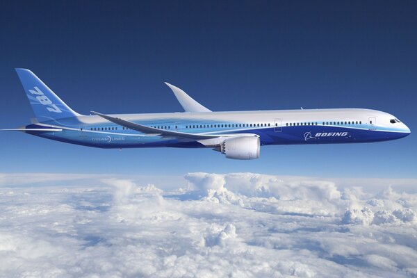 The Boeing plane is flying in the sky