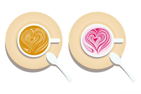 Dos tazas de café con corazones para los amantes