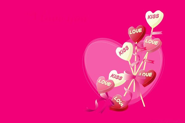 Linda tarjeta de felicitación rosa con piruletas en forma de corazón