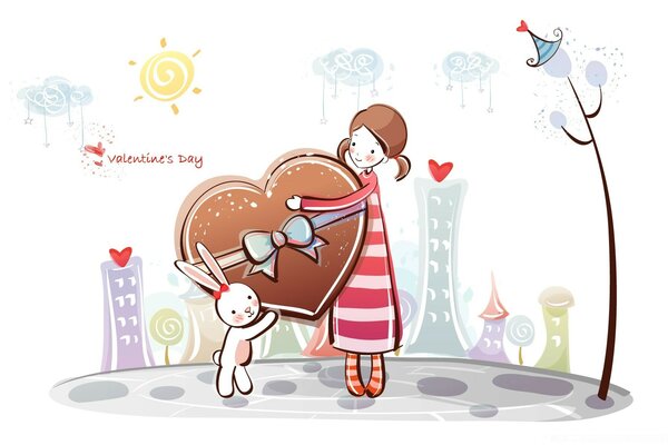The girl and the bunny are carrying a huge gift in the form of a heart