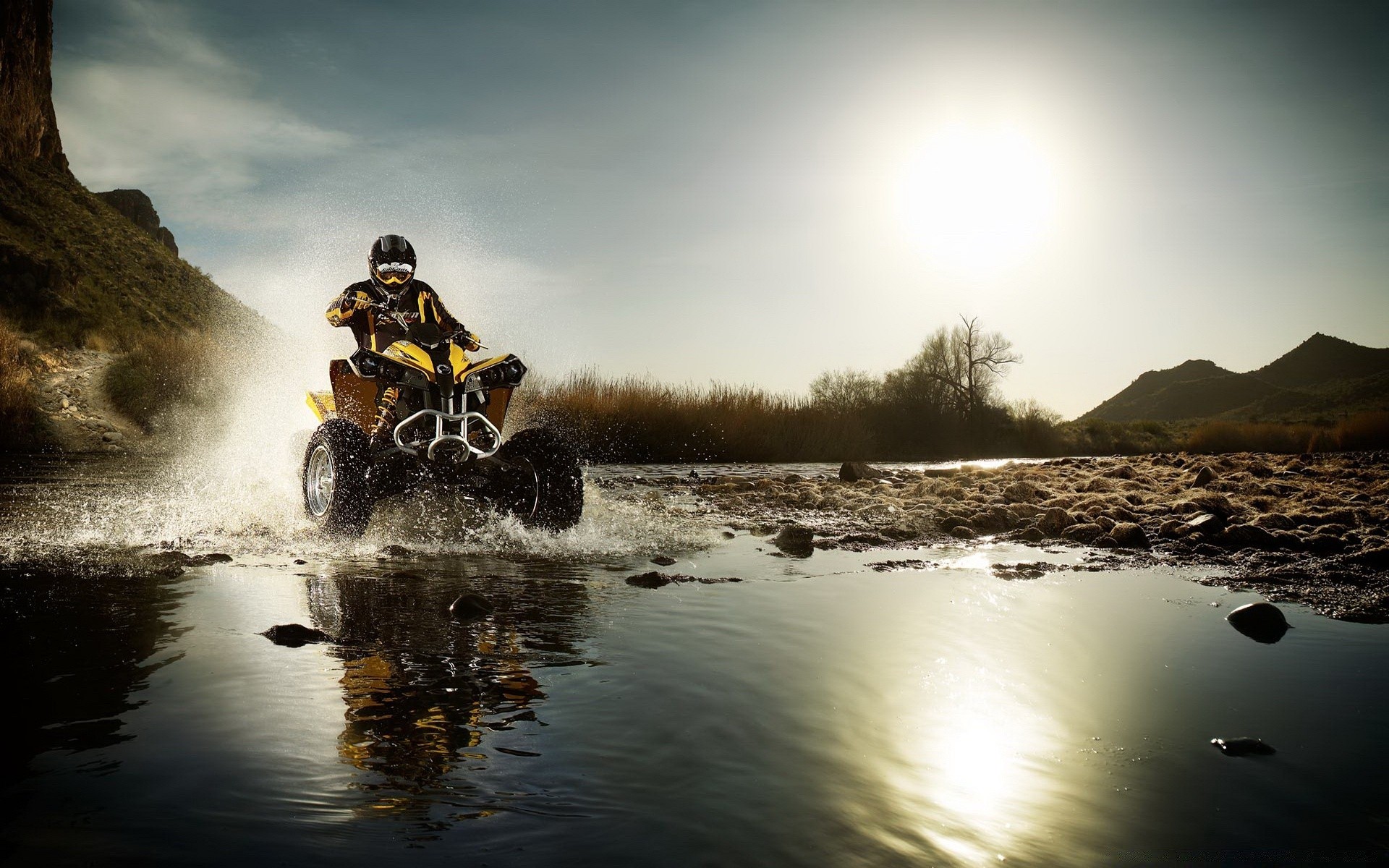 atv water river landscape sunset reflection travel lake outdoors vehicle motion action race