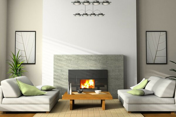 Interior design with sofa and fireplace