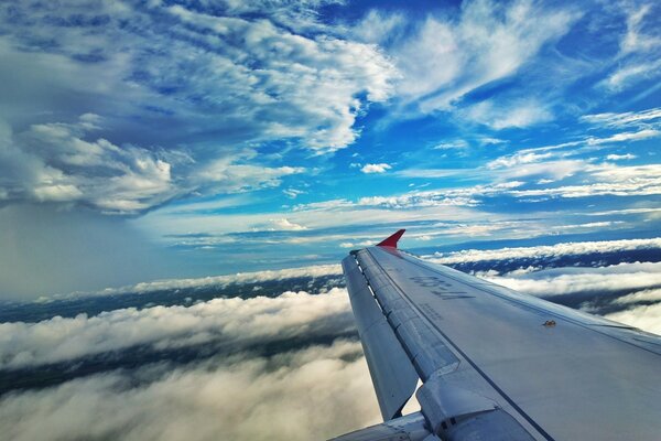 View from the window of an airplane flying in the sky