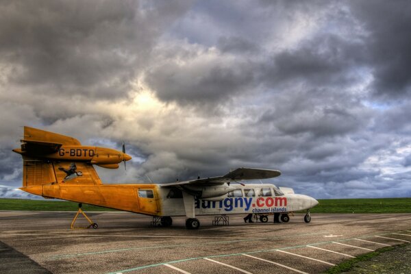 An old standing plane against a leaden sky