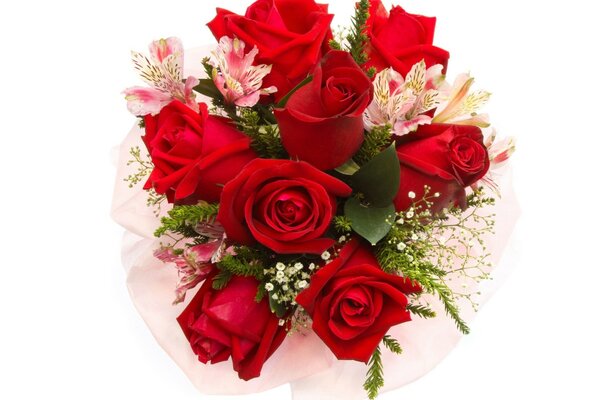 Red roses with small pink flowers