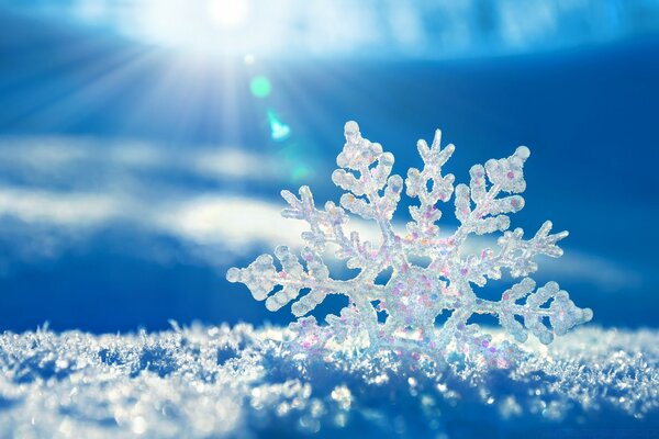 Eine schöne Form Schneeflocke funkelt vor dem Hintergrund des blauen Himmels